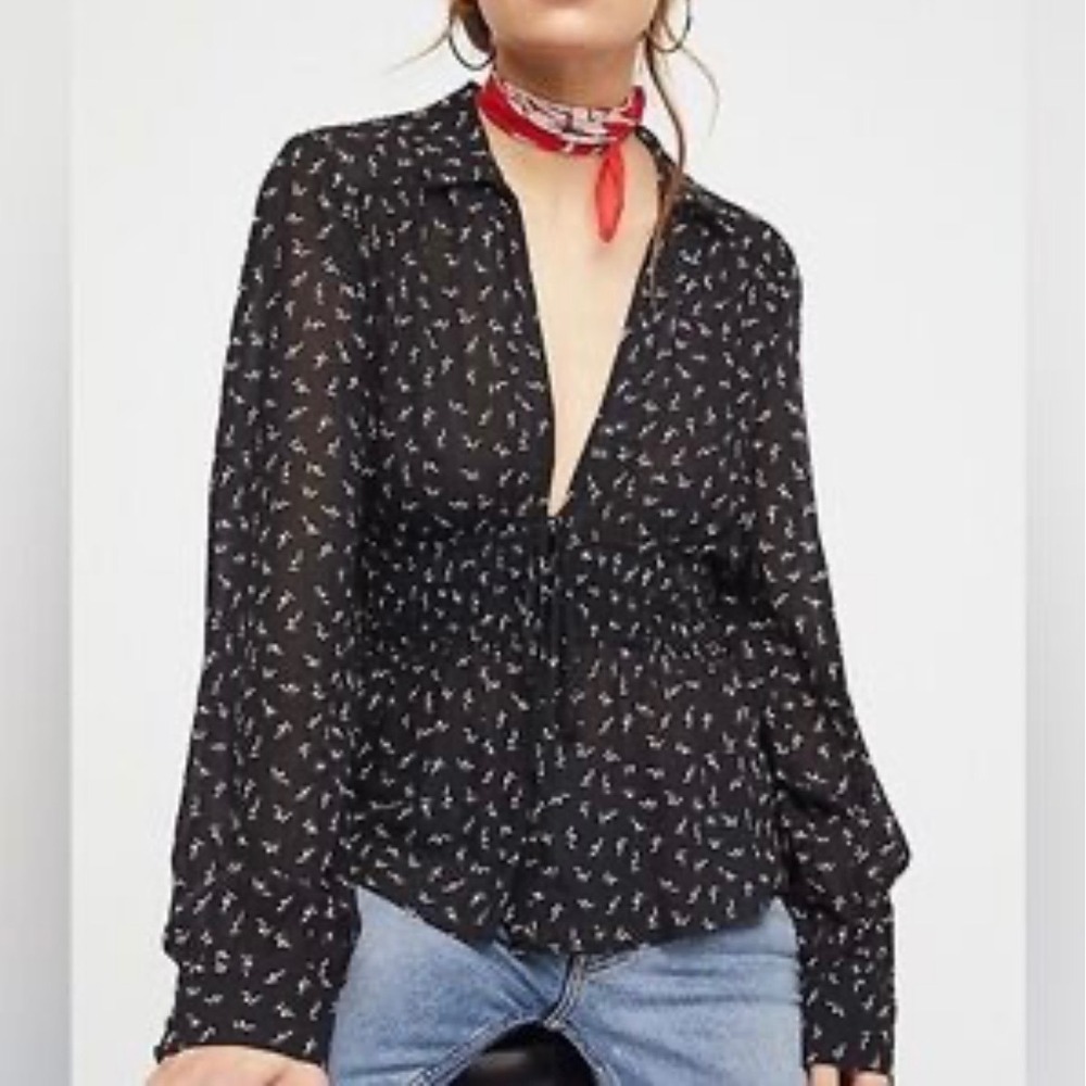 Free People‎ Deep V Black White Floral Long Sleeve Peplum Blouse Women's Medium